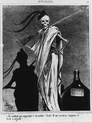 Alkoholismus im 19. Jahrhundert, der Tod sagt: „Sie wollen mir den Absinth wegnehmen! Bah! Ich habe immer noch das Nadelgewehr!“ - Zeichnung von Stop in Charivari vom 12.04.1867