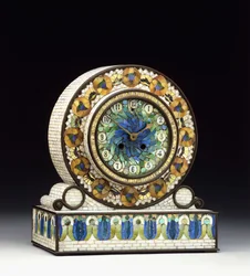 Bronzemontierte Mosaik-Favrile-Glas-Kaminuhr, 20. Jahrhundert