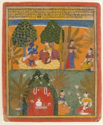 Krishna und Radha mit ihren Vertrauten: Seite aus einem verstreuten Gita Govinda, ca. 1655-60