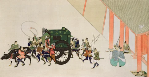 Ein Kaiser flieht als Frau verkleidet in einer Kutsche aus einem Palast, Szene aus einer höfischen Romanze der Heian-Zeit, gedruckt in der Zeitschrift 