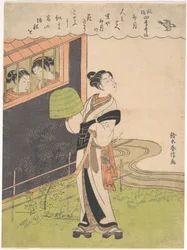 Ein flötenspielender Mönch (Komusō); Der vierte Monat (Uzuki), aus der Serie Modische unsterbliche Dichter der vier Jahreszeiten (Fūzoku shiki kasen)