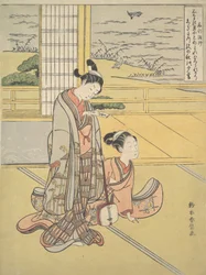 Ein junger Mann und eine Frau mit einer Shamisen, Mönch Saigyo, aus einer Serie, die auf die Drei anspielt, ca. 1768