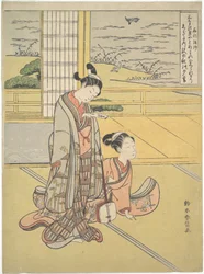 Ein junger Mann und eine junge Frau mit einer Shamisen; der Mönch Saigyō, aus einer Serie mit Anspielungen auf die drei Abendgedichte (Sanseki waka)