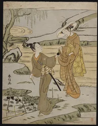 Eine Sommerszene auf einem erhöhten Damm, ein junger Mann schneidet eine Aubergine, um sie seiner jungen Begleiterin zu geben