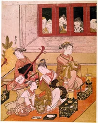 Musizierende Kurtisanen, den Blicken von Voyeuren ausgesetzt. Japanischer Druck von Suzuki Harunobu (1725-1770). Um 1769. Maße: 0,27 x 0,21 m. Paris, Musée Guimet, Nationalmuseum für asiatische Kunst
