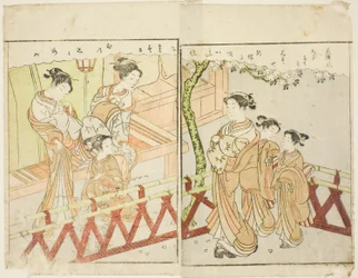 Doppelseitige Illustration aus Bd. 2 von "Bilderbuch der Frühlingsbrokate (Ehon haru no nishiki)"
