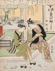 Die schöne Ofuji aus dem Yanagi-ya / Sumire, Tochter des Yoshiya. Aus der Serie: Elegante Schönheiten, mit Blumen verglichen / Ukiyo bijin hana ni yosu