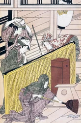 Diener jagt Mäuse im Haus, Ukiyo-e-Kunstdruck von Suzuki Harunobu (1725-1770), Holzschnitt, japanische Zivilisation, Edo-Periode