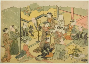 Die zeremonielle Sake, das vierte Blatt der Serie "Ehe in Brokatdrucken, der Wagen der tugendhaften Frau"