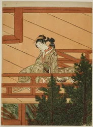 Junge Frau, die auf dem Balkon des Kiyomizu-Tempels sitzt