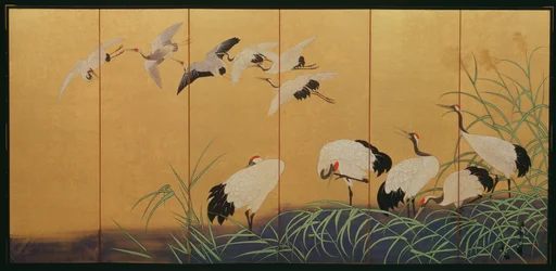 Sechsteilige Paravent, der Schilf und Kraniche darstellt, Edo-Periode, japanisch, 19. Jahrhundert