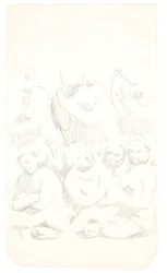 Gruppe mit sitzenden Figuren mit verschränkten Armen im Vordergrund. Studienblatt nach Reliefs in Borobudur, Java.
