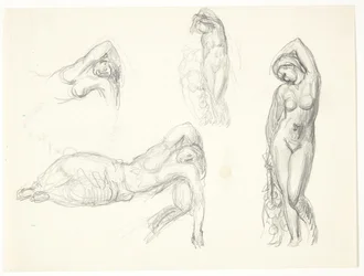Studienblatt mit vier Entwürfen für die Figuren "Eva" und "Schlafendes Mädchen"