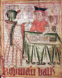Innenraum eines Ladens, aus den Landesgesetzen von Magnus Eriksson (1319-64), ca. 1450