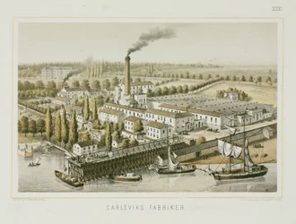 Textilfabrik, Carlsviks, Stockholm, Schweden, ca. 1840 (Farblithografie)