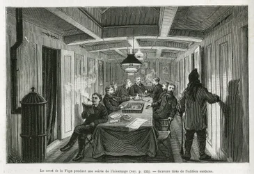 Der Platz von La Vega, während eines Winterabends, und die Aktivitäten der Besatzung: Lesen, Schach- und Backgammonspiele sowie Likörverkostung. Gravur aus der schwedischen Ausgabe, um die Geschichte "Reise der Vega um Asien und Europa" von Adolf Erik Nord
