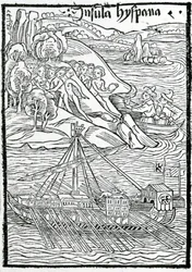 Ankunft der Karavelle von Kolumbus auf der Insel Hispaniola