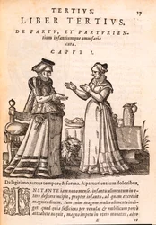 Krankenschwester pflegt einen Patienten mit einer verwundeten Hand, aus De Concepta et Generatione Hominis von Jakob Ruf, 1587