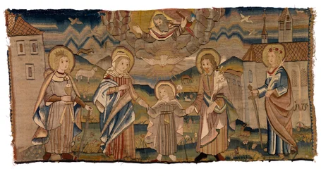 Wandteppichpanel, das St. Barbara, die Jungfrau Maria, die Heilige Dreifaltigkeit, St. Joseph und St. Katharina oder die Inkarnation mit den Heiligen Barbara und Katharina darstellt