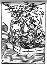 Die Legende von Saint Brendan (Brandan), Held und irischer Heiliger des 6. Jahrhunderts. Der Teufel nimmt den Dieb-Mönch mit. Gravur aus „Die Wunderbare Meerfahrt des Hl. Brandan“. Bale