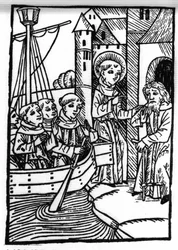 Die Legende von Sankt Brendan, Held und irischer Heiliger des 6. Jahrhunderts. Der Heilige trifft den ehemaligen Haylbray und versteht, dass er nach Schottland zurückgekehrt ist. Gravur aus 