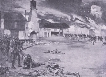 Straßenkämpfe an der deutsch-französischen Grenze: Ein französischer Angriff auf die preußische Garde, aus History of the Great War Vol 3, veröffentlicht von Waverley Book Co Limited, ca. 1920