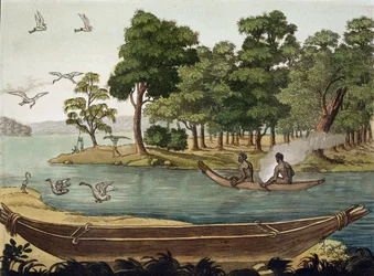 Navigationsmethode in Neu-Holland, gestochen von F. Fumagalli, Illustration aus einer Sammlung von Reisebüchern des frühen 19. Jahrhunderts