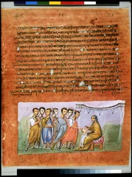 Ganzseitig: Text und Miniatur: Jakob sendet seine Söhne erneut nach Ägypten