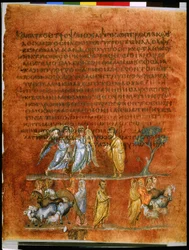 Ganzseitig: Text und Miniatur: Zwei Engelboten berichten von Esaus Annäherung an Jakob