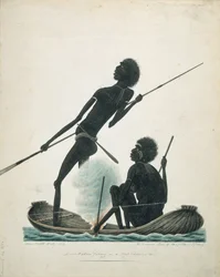 Einheimische beim Fischen in einem Rindenkanu, 1819
