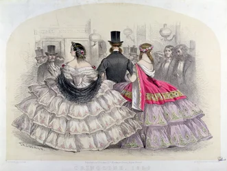 Damen in Reifröcken an der Royal Italian Opera, Covent Garden, 1859 (Farbstich)