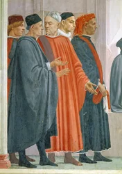Die Auferweckung des Sohnes des Theophilus, König von Antiochia, Detail der Würdenträger am Hof des Königs von Antiochia, ca. 1480 Fresko