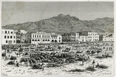 Der Marsch von Aden (Jemen). Taylors Gravur zur Illustration der Geschichte „Reise nach Benadir, Somalis und Bayoun“ 1882-1883, von M.G. Revoil. Veröffentlicht in Le Tour du monde, nouveau journal des voyages