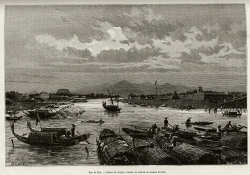Ansicht von Hue (Vietnam), mit Beschreibung der Navigation auf dem Song Huong Fluss und der Thien Mu Pagode, hinter den Umfassungsmauern. Gravur von Taylor, zur Illustration der Geschichte 