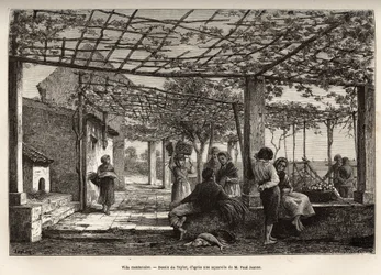 Villa Menton, Gravur nach Taylors Zeichnung, zur Illustration der Reise nach Menton und Bordighera, 1871, von Adolphe Joanne, veröffentlicht in „Le Tour du Monde“ 1874, herausgegeben von Edouard Charton, Hachette, Paris