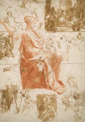 Blatt mit Studien für die Blendung des Elymas, Opfer in Lystra und eine Heilige Familie