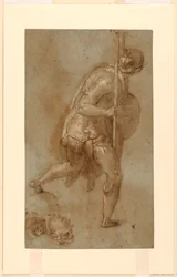 Soldat läuft: Studie für Figur im linken Vordergrund, "Verrat an Christus," Rom, S. Maria della Consolazione, Matttei-Kapelle; Separate Studien von zwei Köpfen
