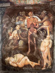 Hölle, Detail der Geizigen, um 1394