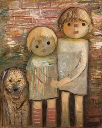 Zwei Kinder mit Hund