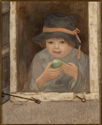Mädchen mit Apfel am Fenster
