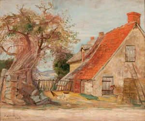 Landschaft mit Haus und Geflügel