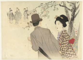 Mann mit Melone und Regenschirm und Dame im Kimono