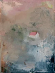 Nebliges Haus mit rosa Dach