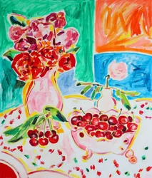 Lebendige Rosen und frische Kirschen