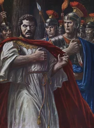 Römische Antike: „Der Tod des römischen Kaisers Caracalla, der am 8. April 217 in der Nähe von Harran von Martialis, einem Offizier seiner Leibgarde, mit einem Schwert ermordet wurde“ (Die Ermordung Caracallas, römischer Kaiser, durch Julius Martialis