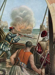 Zweite Expedition nach Indien (1502-1503): Seeschlacht zwischen der portugiesischen Flotte von Vasco de Gama und der von Calicut, die Portugiesen beschießen das muslimische Schiff Miri, das Pilger von Mekka zurückbringt, 3.10.1502