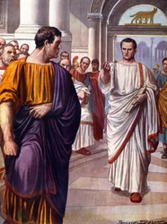 Der römische Staatsmann Cicero (Marcus Tullius Cicero) (106-43 v. Chr.) trifft auf den Verschwörer Catilina (Lucius Sergius Catilina) (108-62 v. Chr.), den er 63 v. Chr. in den Reden der Catilinarien anklagt. Illustration von Tancredi Scarpelli (1866-1937)