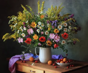 Wildblumen und Sommerfrüchte
