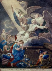 Farbstich von Ruhm für George Washington, der von Zeit und Unsterblichkeit in den Himmel gehoben wird, in Philadelphia graviert, ca. 1799