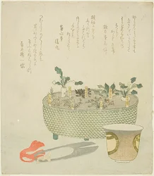 Die sieben Kräuter (Nanakusa), mit Schere und Teetasse